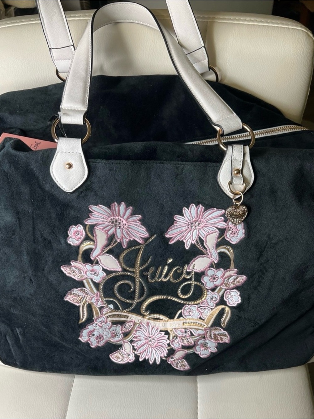 Juicy Couture Black Tote with Pink Floral Embroidery and White Handles